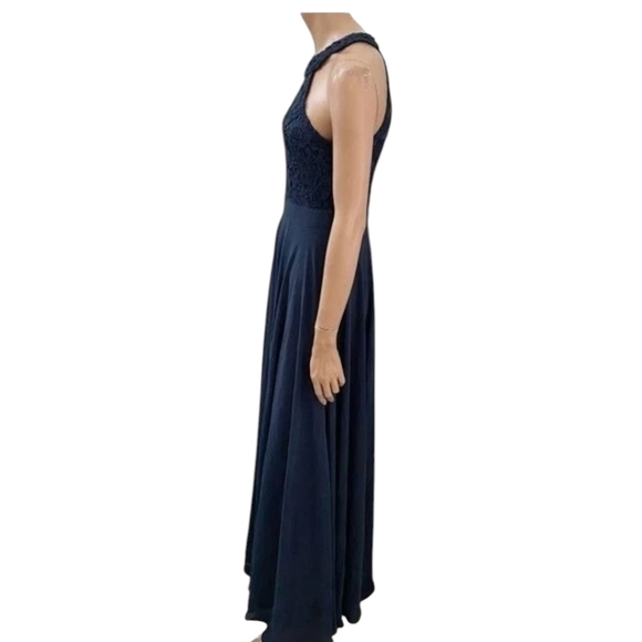 Lulu's Navy Blue Chiffon Lace Bodice Halter Gown NWT Sz L - Picture 6 of 14